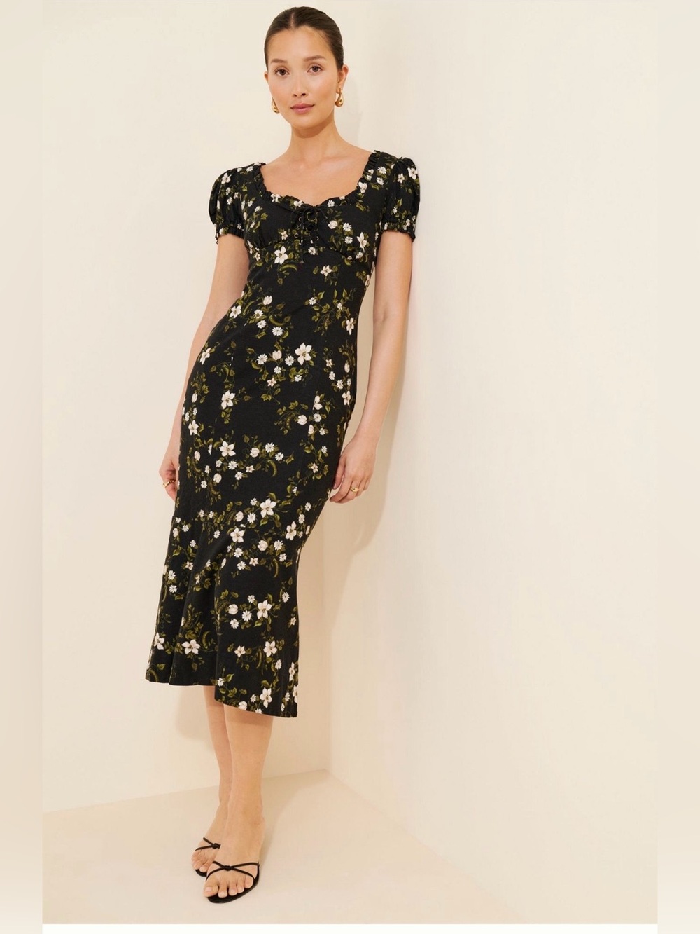 Maeve Black Floral Puff-Sleeve Midi Dress with White & Green Print - Picture 1 of 9